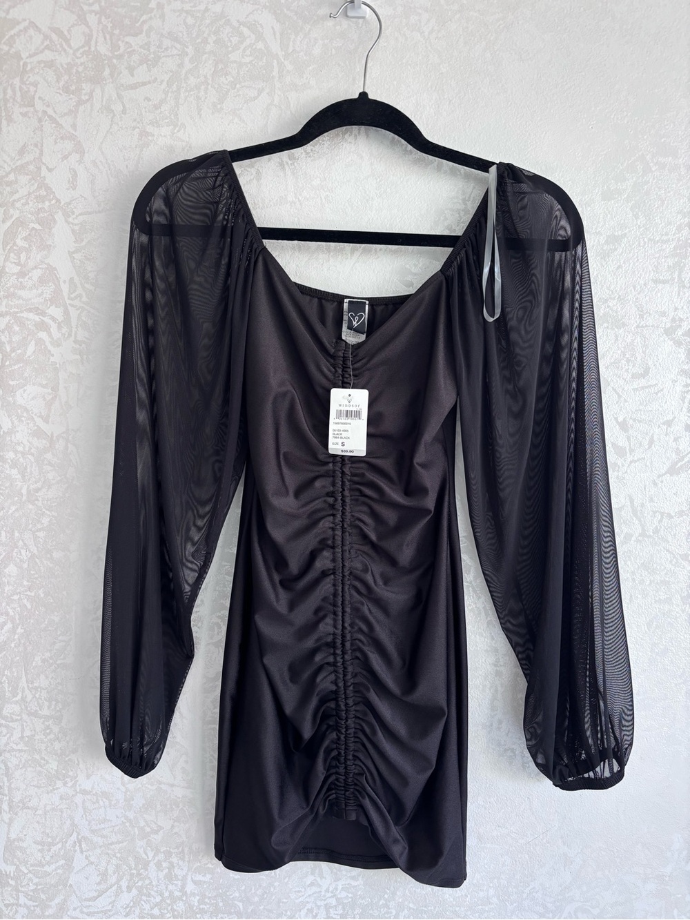 NWT Windsor Black Ruched Bodycon Mini Dress Sheer Mesh Sleeves S